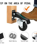 Heavy Duty Retractable Caster Wheels For Workbenches Tables 300Kg Load Capacity 4 Pack Locking Step Down Casters Kit in use with foot pedal.