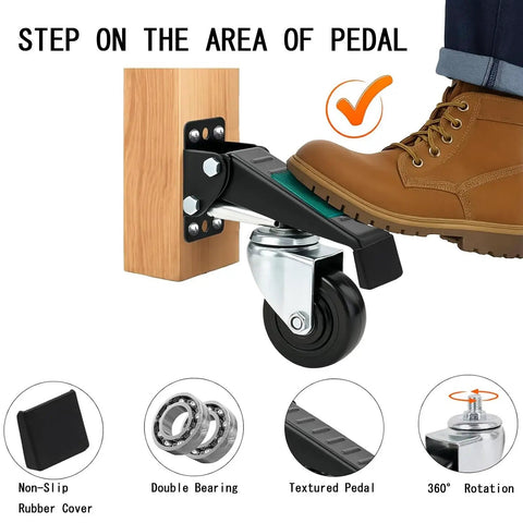 Heavy Duty Retractable Caster Wheels For Workbenches Tables 300Kg Load Capacity 4 Pack Locking Step Down Casters Kit in use with foot pedal.