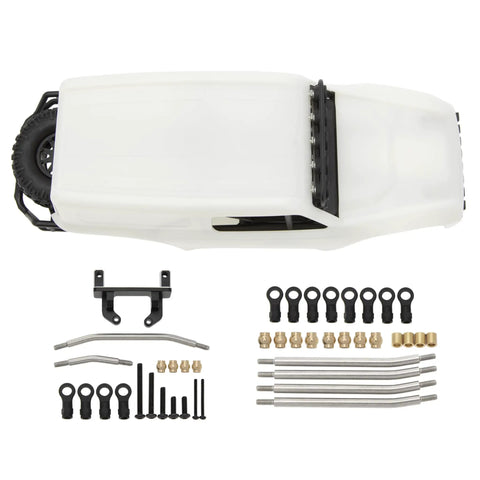 Top view of TRX4M Defender Bronco K10 F150 High Trail 1/18 RC Crawler Body And Chassis Kit White ABS Nylon Upgrade with parts.