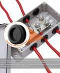 Heavy Duty 500A Bus Bar Tin Plated Copper Junction Block Six M8 Studs showing waterproof seals and red wiring connections.