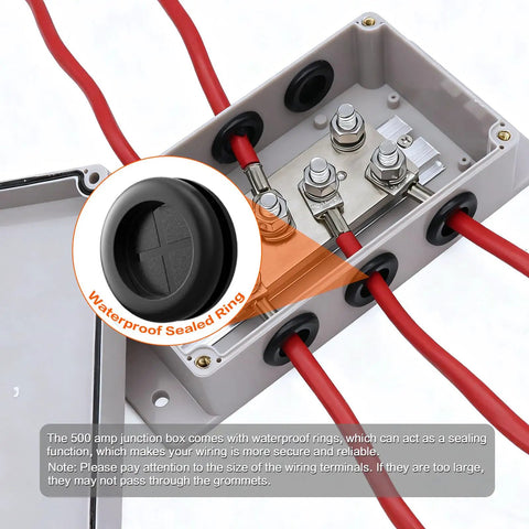 Heavy Duty 500A Bus Bar Tin Plated Copper Junction Block Six M8 Studs showing waterproof seals and red wiring connections.