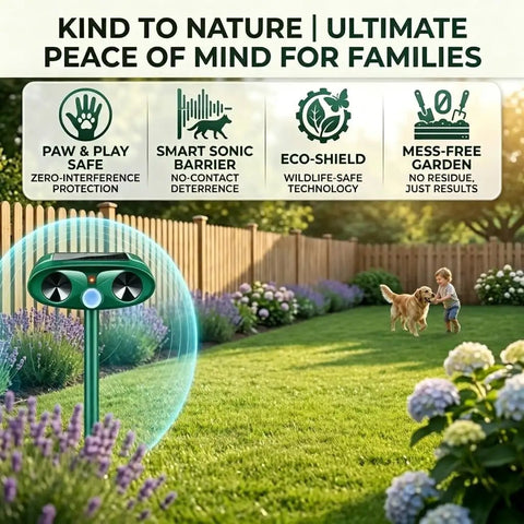 Two Pack Solar Ultrasonic Deer Repeller With Motion Sensor Outdoor Animal Deterrent For Rabbits Cats Raccoons And Squirrels Keeps Your Yard And Garden Pest Free in backyard