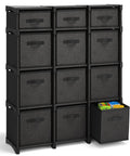 12 Cube Storage Organizer Black With Dope DIY Cube Shelf System And Included Bins showing fabric bins for toys and books