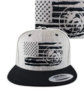 Strong Faded Snapback Baseball Cap With Flat Bill, Embroidered Logo, Gray, American Flag Design, Front View