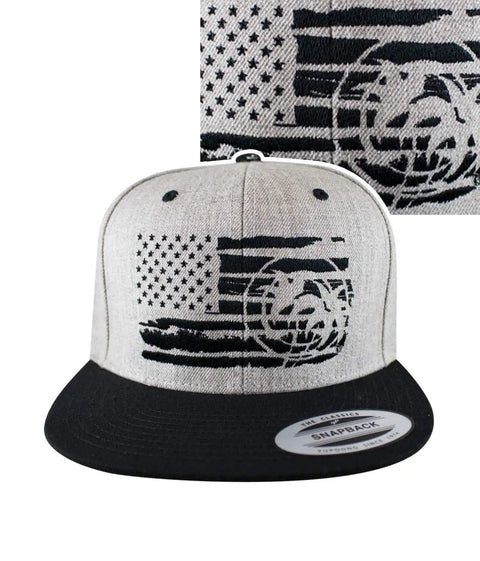Strong Faded Snapback Baseball Cap With Flat Bill, Embroidered Logo, Gray, American Flag Design, Front View