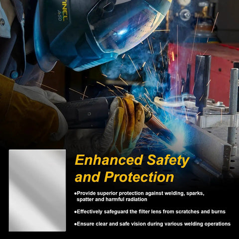 Welding scene with Sentinel A50 helmet user and protective text, with inset of Sentinel A50 Inside Cover Lens Replacement.