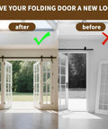 Comparison of bifold doors before and after using the 2 Pack Bifold Door Hardware Repair Kit For Folding Closet Doors With Pivots, Guide Wheels, Brackets And Screws, Includes Top Metal And Plastic Pivots, Bottom Pivots, Wheels And Brackets, Built For Doors Up To 50 Lbs And 1 To 1.75 Inch Thick.