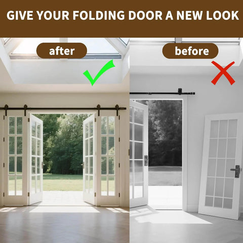 Comparison of bifold doors before and after using the 2 Pack Bifold Door Hardware Repair Kit For Folding Closet Doors With Pivots, Guide Wheels, Brackets And Screws, Includes Top Metal And Plastic Pivots, Bottom Pivots, Wheels And Brackets, Built For Doors Up To 50 Lbs And 1 To 1.75 Inch Thick.
