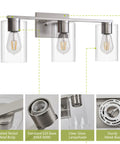 Three Light Sleek Brushed Nickel Bathroom Vanity Light With Clear Glass Shades Metal Wall Mount Fixture Over Mirror E26 Base
