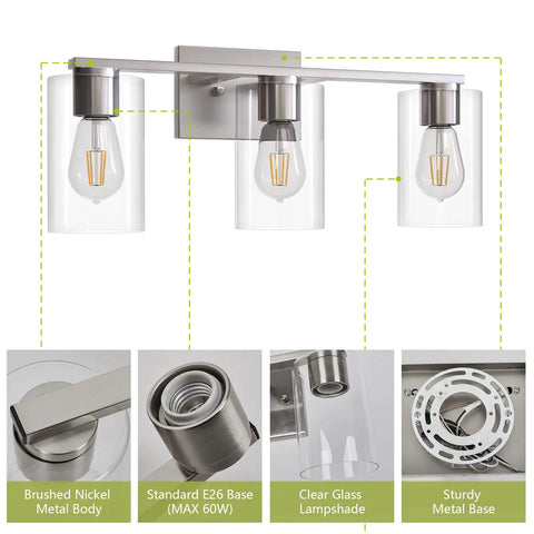 Three Light Sleek Brushed Nickel Bathroom Vanity Light With Clear Glass Shades Metal Wall Mount Fixture Over Mirror E26 Base