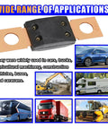 Heavy Duty 100Amp 32Volt Pure Copper Bolt Down Fuse Replacement Fits Mega AMG Stud Mount Circuit Protector for various vehicles.