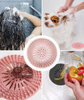 Four images of Slick Silicone Drain Strainers With Hair Catcher For Shower Bathroom Sink And Tub in use, showcasing flexibility and function.