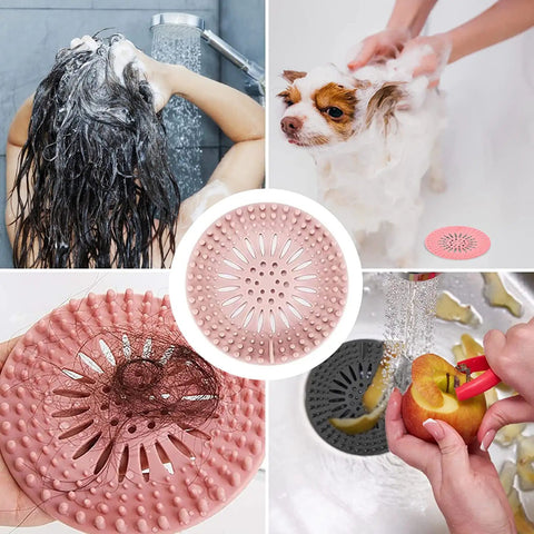 Four images of Slick Silicone Drain Strainers With Hair Catcher For Shower Bathroom Sink And Tub in use, showcasing flexibility and function.