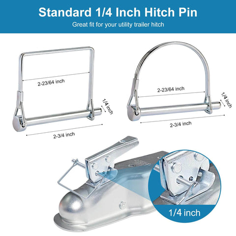 8 Pack Trailer Hitch Pin One Quarter Inch Standard Pins With Safety Lock And Locking Retainer for Easy Hook Up shown in detail.