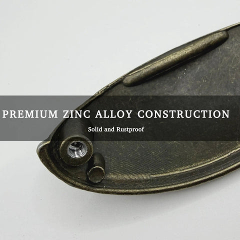Back view of an Antique Brass Cup Pulls Eight Pack With Two And A Half Inch Hole Centers Vintage Bin Style Cabinet Handles showing zinc alloy construction.