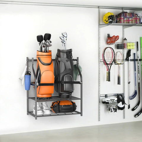 Wall Mounted Golf Bag Organizer With Rolling Storage Rack holding two golf bags, shelf for hats, hooks for towels in a garage space.