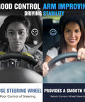 Comparison of two women driving, left showing loose steering wheel control, right showing improved stability with Front Upper Control Arm Suspension Kit.