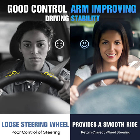 Automotive suspension control arm kit with ball joints; split-screen image shows poor vs smooth steering.