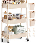 Beige 3 Tier Rolling Cart With Metal On Wheels A Spacious Multi Purpose Storage Organizer Trolley For Art Crafts Diapers Snacks Books