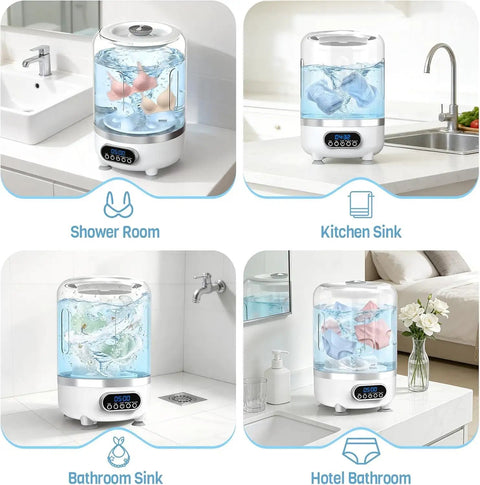 Grab And Go Portable 3 Liter Mini Washer Cordless With Rapid Spin Basket washing underwear in a modern bathroom sink.