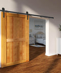 Eight Foot Sliding Barn Door Hardware Kit With 330 Lbs Capacity For A Single Door Fits 3.7 To 4.3 Feet Wide And 1.3 To 1.8 Inches Thick Panels Smooth Silent J Shape Pulley Two Section Tracks Heavy Duty Track System installed view