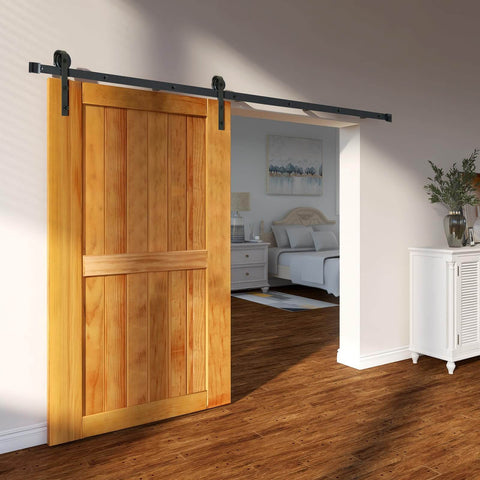 Eight Foot Sliding Barn Door Hardware Kit With 330 Lbs Capacity For A Single Door Fits 3.7 To 4.3 Feet Wide And 1.3 To 1.8 Inches Thick Panels Smooth Silent J Shape Pulley Two Section Tracks Heavy Duty Track System installed view