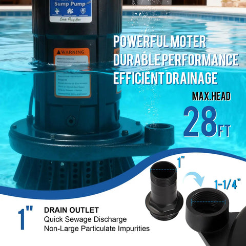 1.0HP Submersible Sump Pump With Automatic Float Switch, High 4200 GPH Flow, 28 Ft Lift, pool use, aluminum body, 1-inch drain outlet
