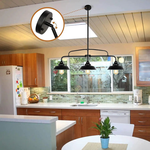 Kitchen view with Dope Industrial Farmhouse Black Pendant Light Fixture With Three Lights for Kitchen Island and dining area setup