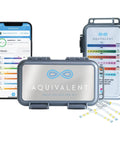 All In One Pool And Spa Water Test Kit With AI Powered App, including strips, case, and smartphone display for chemistry tracking.