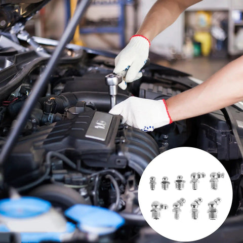 Mechanic using a Metric Grease Fittings Kit With 60 And 120 Piece Zerk Assortment, Nine Types, 45 And 90 Degree, M6 M8 M10, Galvanized Metal