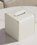 White Leather Tissue Box Cover With Gold Tone Edging, Modern Cube Vessel for Bathroom, Bedroom, Living Room or Office