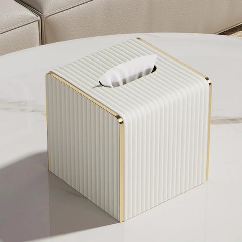 White Leather Tissue Box Cover With Gold Tone Edging, Modern Cube Vessel for Bathroom, Bedroom, Living Room or Office