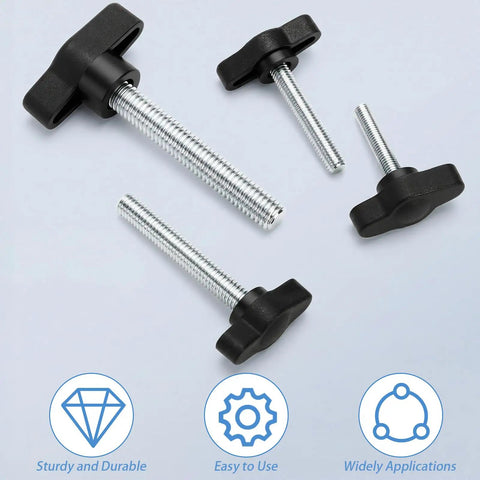 Solid 60 Piece Thumb Screws Assortment With Ergonomic Wing Knobs, four screws with plastic wings and metal threads.