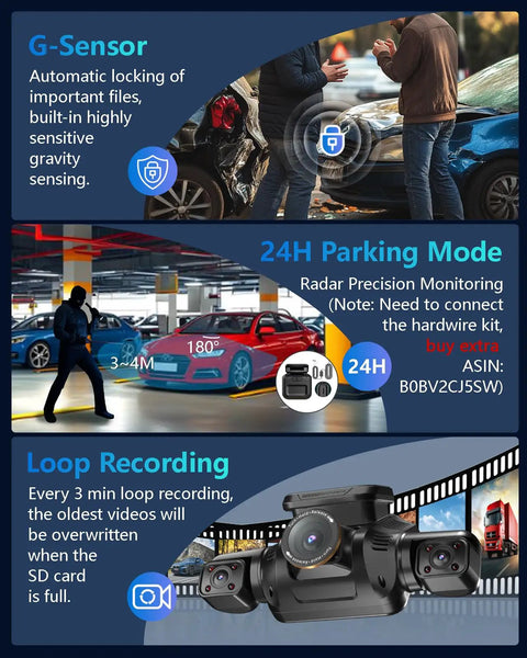 4K 360 Degree Dash Cam With Interior Driver Monitor 4 Channel Car Camera showing G-Sensor, 24H Parking Mode, Loop Recording features