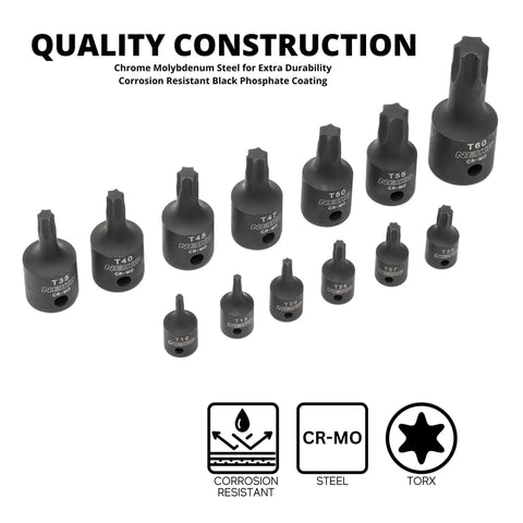 Heavy Duty Impact Torx Socket Set For Auto And Motorcycle Work Quarter Inch Three Eighths Inch And Half Inch Drives Six Point Star Sockets
