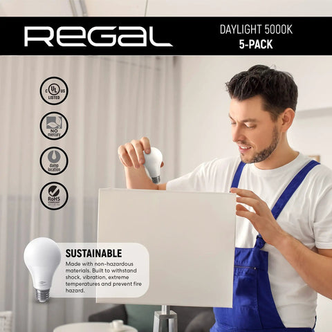 Man installing Bright Daylight 5000K A19 LED Bulbs, 800 Lumens, 9-Watt, 60-Watt Equivalent, E26 Base, Non-Dimmable, 5-Pack into lamp