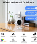 2K Indoor Outdoor Security Cameras Bundle for Home Surveillance with color night vision and Alexa compatibility, shown plugged in indoors.