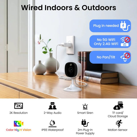2K Indoor Outdoor Security Cameras Bundle for Home Surveillance with color night vision and Alexa compatibility, shown plugged in indoors.