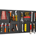 4 Pack Metal Pegboard Panels 24x12 Inches For Wall And Workbench Use, Heavy Duty Peg Boards For Garage Tools in Black with tools