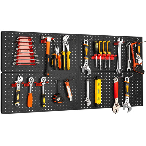 4 Pack Metal Pegboard Panels 24x12 Inches For Wall And Workbench Use, Heavy Duty Peg Boards For Garage Tools in Black with tools