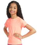 Girl wearing Girls Swim Rash Guard Shirt With UPF 50 Plus Short Sleeve Sun Tee Fiery Coral Perfect For Beach And Pool Play X Large