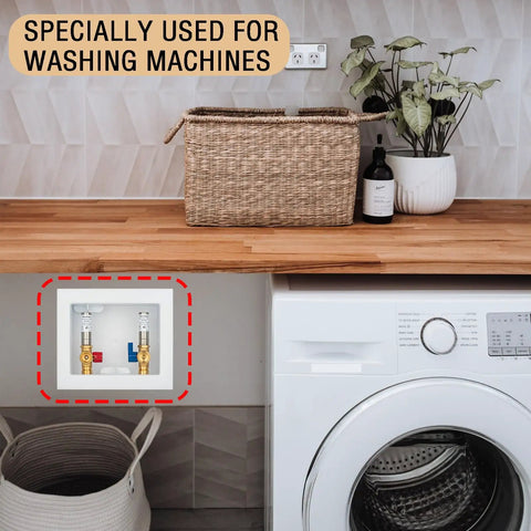 Washing Machine Outlet Box With Water Hammer Arrestor And One Quarter Turn Ball Valves Stop Hammering Noise Easy Install Inlet Half Inch Push To Connect Outlet Three Quarter Inch Male Thread Durable Brass Construction