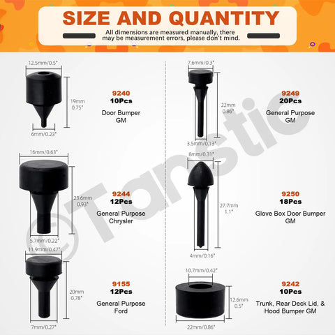 160 Piece Black Automotive Rubber Bumper Stopper Kit With 12 Types Heavy Duty Rubber Bumpers For Ford And GM Vehicles size chart