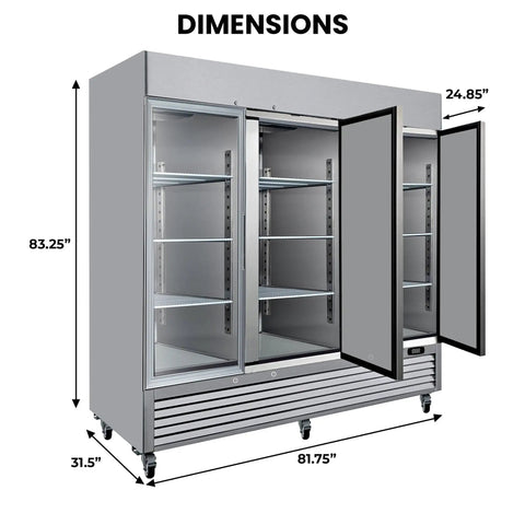 Heavy Duty Commercial Upright Freezer Convertible To Fridge 72 Cu Ft with dimensions showing 83.25" height and 81.75" width.