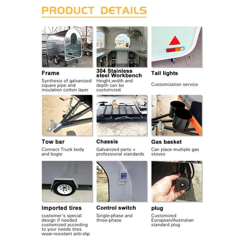 Hustle Ready Mobile Catering Trailer With Full Cooking Line And Spacious Serve Window Built For Wedding Receptions Corporate Functions And Bustling Street Markets product details showing frame, workbench, tow bar, and gas basket.