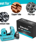 Mini Tubing Cutter For 1/8 To 3/4 Inch Tubing, Cuts Copper Aluminum Brass And Plastic With Replacement Wheel, Ultra Compact One-Hand Use, Built Tough Steel Body Delivers Clean Precise Cuts Every Time, shown with packaging and copper, PVC, aluminum tubes.