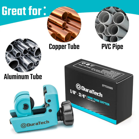 Mini Tubing Cutter For 1/8 To 3/4 Inch Tubing, Cuts Copper Aluminum Brass And Plastic With Replacement Wheel, Ultra Compact One-Hand Use, Built Tough Steel Body Delivers Clean Precise Cuts Every Time, shown with packaging and copper, PVC, aluminum tubes.