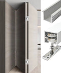Badass Heavy Duty Folding Sliding Barn Door Hardware Kit With Slick Top And Bottom Track Tight Aluminum Rollers Adjustable From Three Point Three To Thirteen Point One Feet No Sweat Interior Room Divider Hardware, showing track and door close-up.