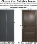 Sizing guide for Thermal Insulated Door Curtain With Magnetic Closure next to a door, showing 40x83 inch curtain for 36-38x82 inch fit.