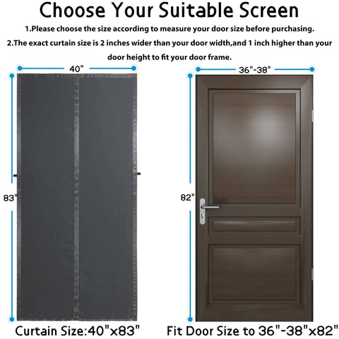 Sizing guide for Thermal Insulated Door Curtain With Magnetic Closure next to a door, showing 40x83 inch curtain for 36-38x82 inch fit.